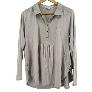 Lucky Brand Collared 1/2 Button Down Bib Front Long Sleeve Women Beige  M Cotton